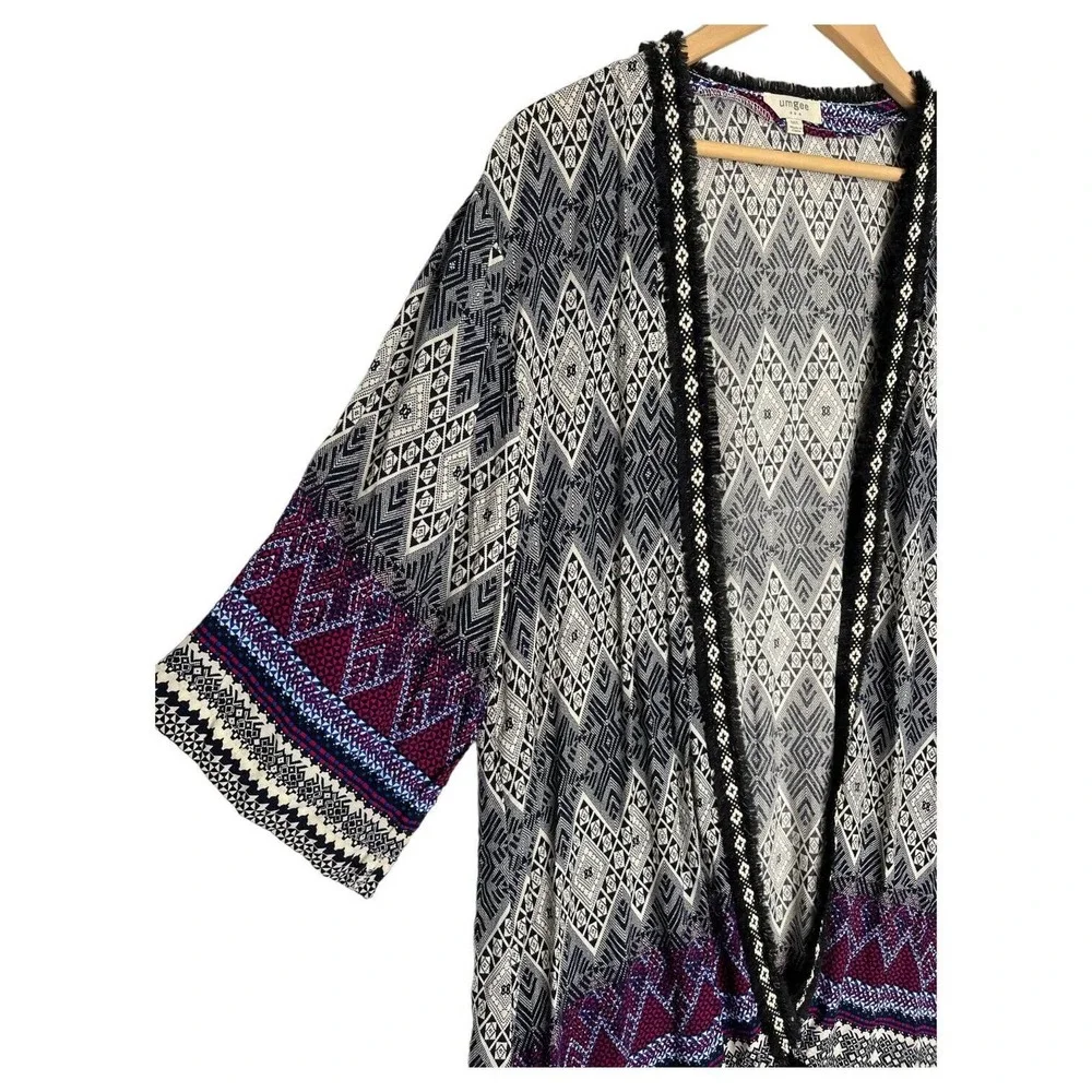 Umgee Kimono Womens Open Front Fringe Embroidery Half Sleeve Aztec Black M/L